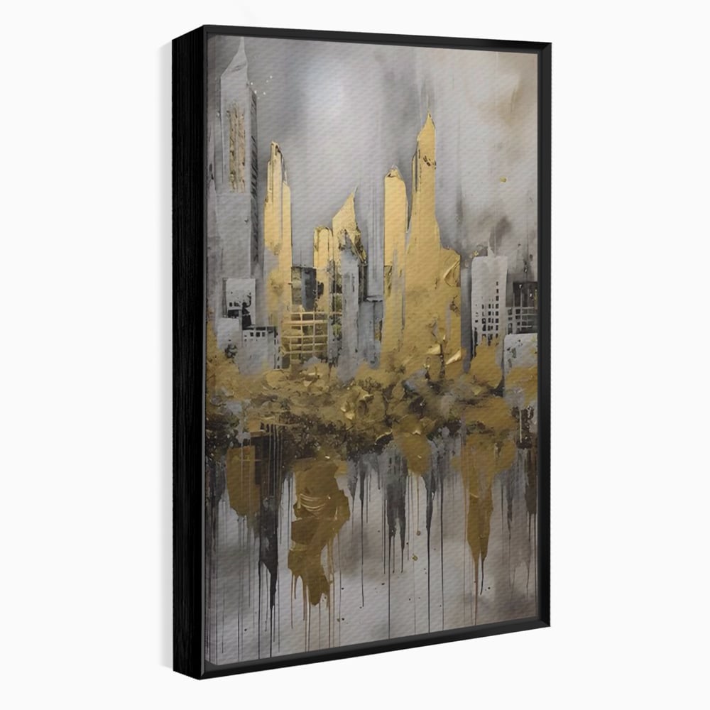 Tablou canvas cu tablou canvas cu zgarie-nori aurii, in rama de aluminiu negru